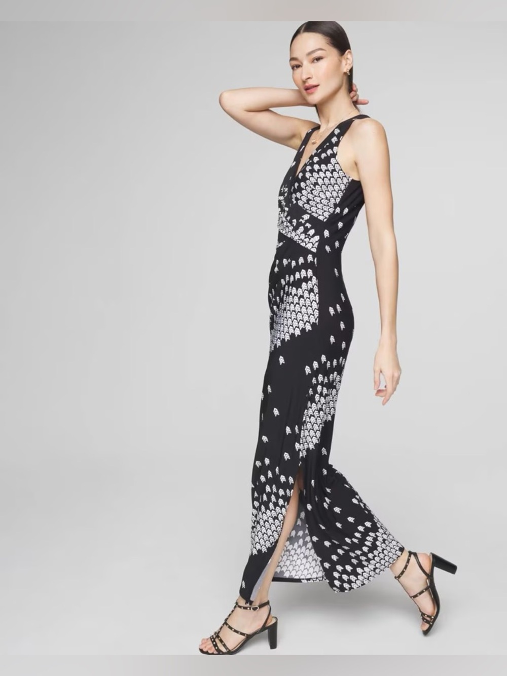 WHBM sleeveless matte jersey maxi dress with belt black white arrow geo print